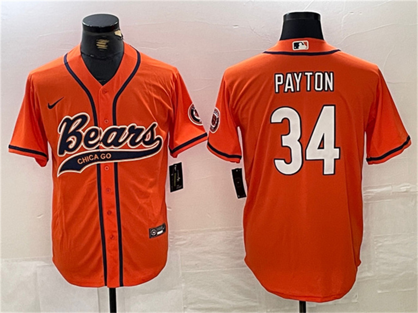 Men's Orange Chicago Bears #34 Walter Payton With Patch Cool Base Stitched Baseball Jersey